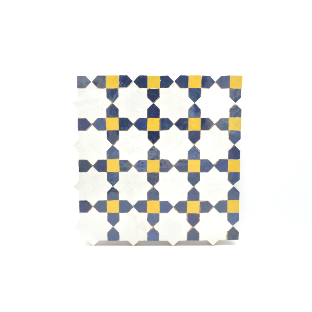 Casablanca Soleil – Moroccan Zellij Tile in Majorelle Blue, Saffron Gold & White