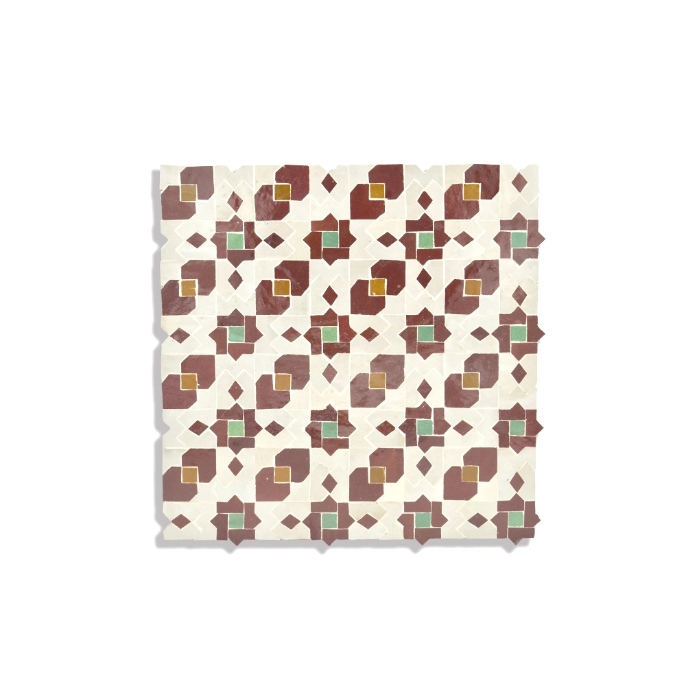 Arabica – Moroccan Zellij Tile in Burgundy, Green & Gold on Ivory