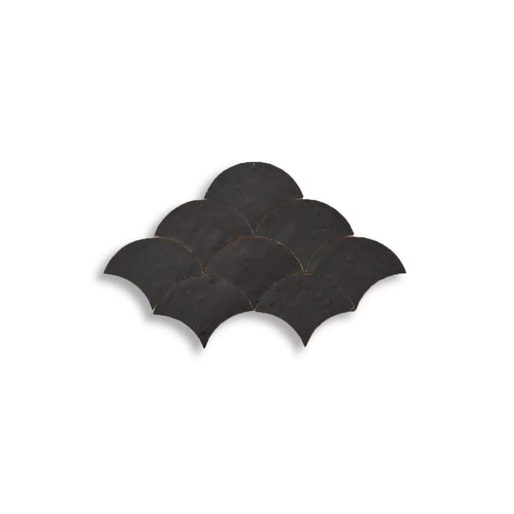 Rich Matte Black Chakour Tiles | Handmade Moroccan Fan-Shaped Zellij
