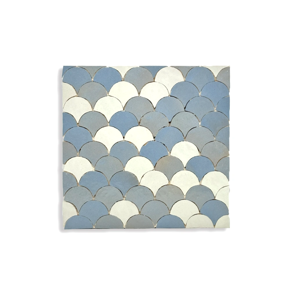Chakour Tide – Moroccan Fish Scale Zellij in Sky Blue, Stone Grey & White