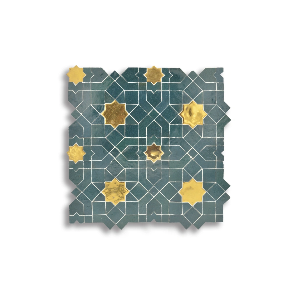Ketiani Constellation – Moroccan Zellij Tile with Golden Stars on Emerald Green