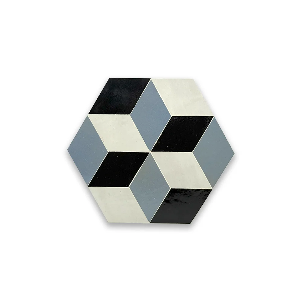 Nezak Obsidian – Moroccan Hexagon Zellij Tile in Black, Grey & Ivory