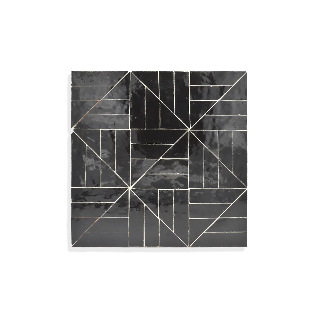 Nouzha Noir – Moroccan Zellij Panel in Glossy Black Linear Geometry